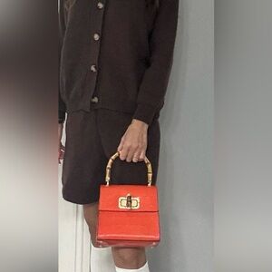 Vera Pelle Italian Orange Handbag with Bamboo Handle
